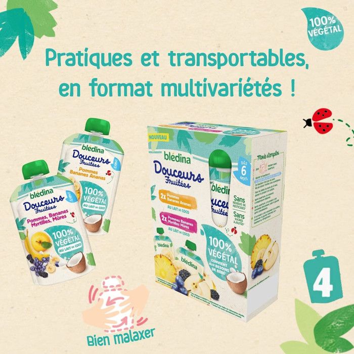 16 Gourdes 100 végétal Fruits & Lait de Coco 4x(4x90g) Blédina Dès 6