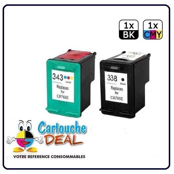 Lot D'encres Compatibles HP 338 XL Et 343 XL - Pour Photosmart 2710, DeskJet, OfficeJet - 4 Cartouches Multicolores