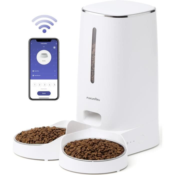 Comparer les prix de FUKUMARU Distributeur Croquettes Chat Automatique avec 2 Bols en Acier Inoxydable