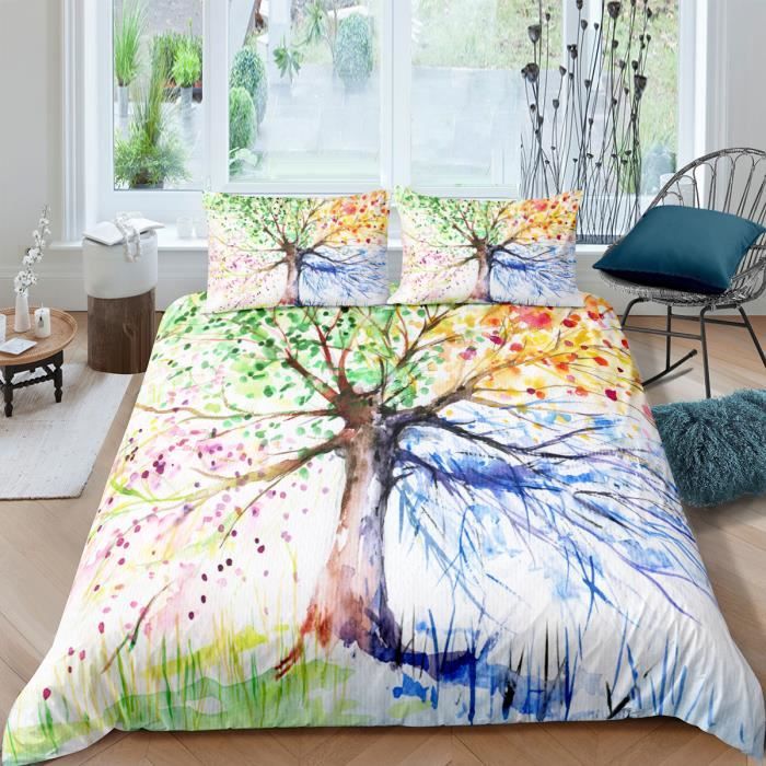 Parure De Lit 3D Arbre De Vie 220x240 Cm – Housse De Couette + 2 Taies – Imprimé Métallique Blanc – Enfant/Adolescent