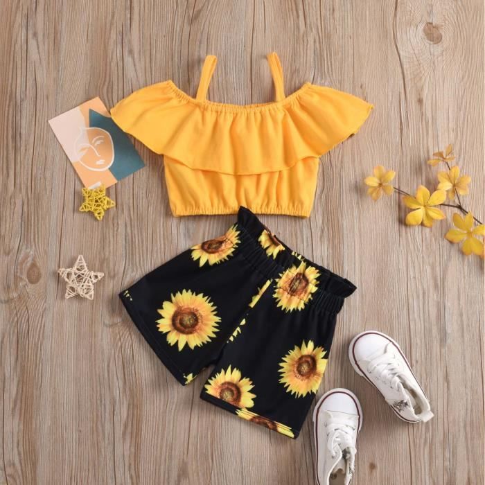 Enfant en bas age bebe fille vetements haut a manches courtes pantalon mignon ensemble de tenue d ete de tournesol Jaune Jaune Cdiscount Pret a Porter