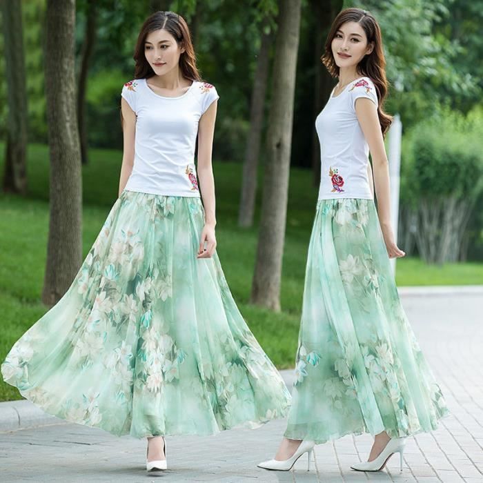 Jupe Ete Automne Nouvelle Taille Haute Jupes Femmes Taille Elastique Pleine Jupe Longue Imprime Mere A ligne Jupes De Green Lily Blanc Cdiscount Pret a Porter