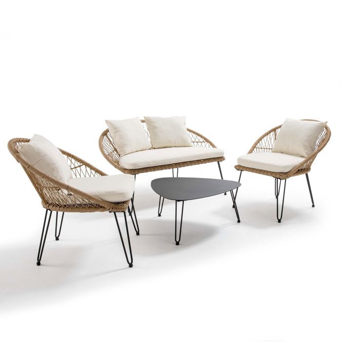 salon de jardin 4 places en imitation rotin avec coussins un canape 2 fauteuils et table basse bora bora naturel cdiscount jardin