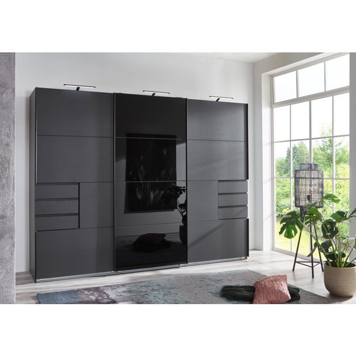 Armoire - Décor graphite et noir - 3 portes coulissantes + 6 tiroirs - L 270 x P 64 x H 210 cm - SAIGON
