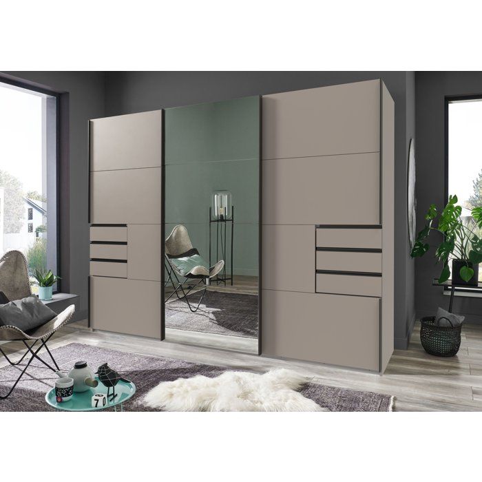 Placard SAIGON 3 portes coulissantes miroir 6 tiroirs Sahara Grey