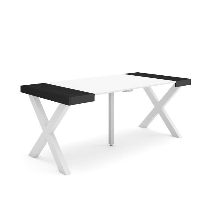 Skraut Home - Table console extensible - Blanc et noir - Pieds bois massif - 180 cm - Pour 8 personnes