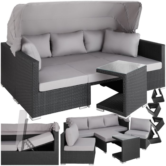 Canapé de jardin - TECTAKE - Salon lounge dextérieur SAINT MARIN modulable en rotin 5 places avec toit pliable - Noir