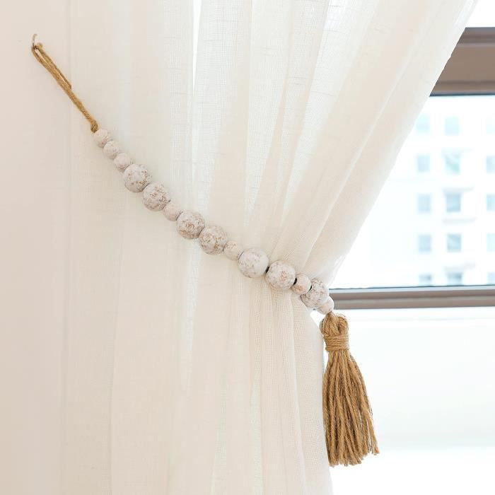 Lot De 4 Embrasses De Rideau Bohème à Pompons 53cm Beige Avec 6 Aimants - Style Tressé