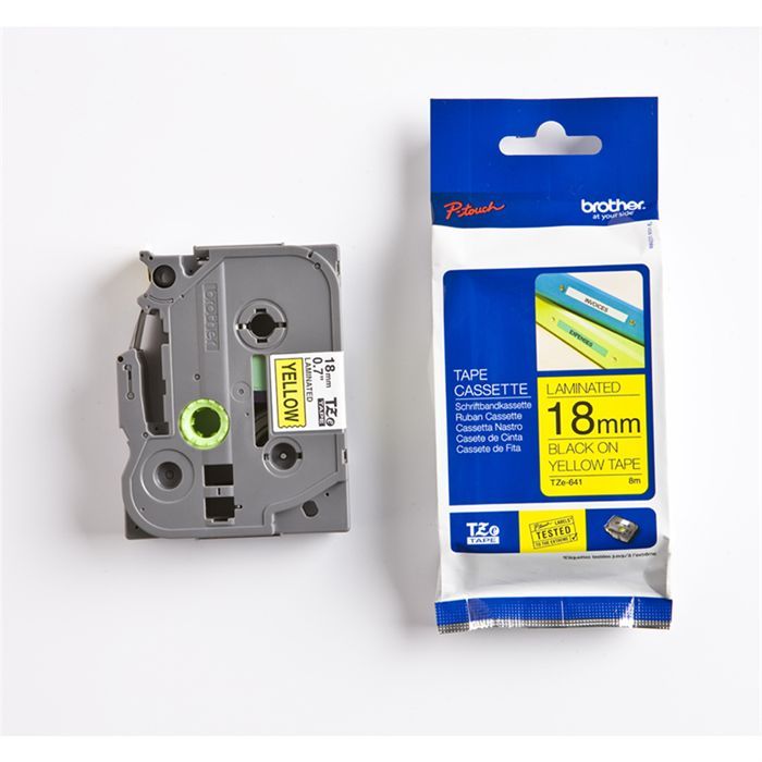 Ruban étiqueteuse laminé BROTHER P TOUCH TZE 641 18mm sur jaune Adhésif standard
