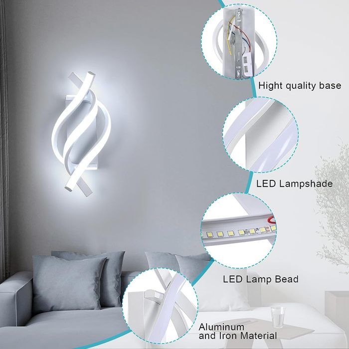 Applique Murale LED Interieur, Lampe Murale 18W spirale blanche, Luminaire  Mural moderne pour Chambre Couloir Bureau
