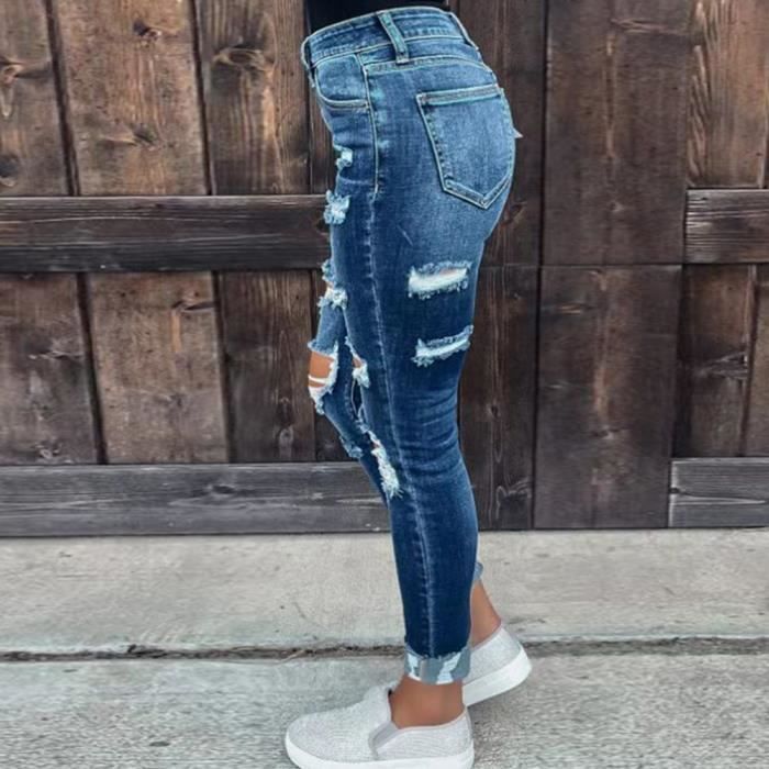 Femme Stretch Skinny Jeans Dechire Taille Mi Haute Denim Pant Decontracte Vintage Slim Fit Denim Jean Troue Casual Retro Jeans A Style a Cdiscount Pret a Porter