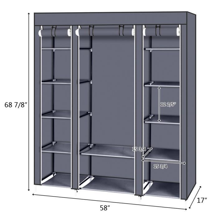 KESSER Armoire Pliante Tissu 150x45x175cm - Grise Avec Tringle Et Étagères