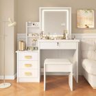 Coiffeuse avec Miroir LED et Tabouret - NHHF - 87L X 36P X 136H cm - 3 Modes D'éclairage - avec 4 Tiroirs et 7 Étagères - Blanc