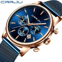 Montre Homme CRRJU - Bracelet en Maille Bleue en Acier Inoxydable - Quartz Étanche - Calendrier - Diamètre 55mm