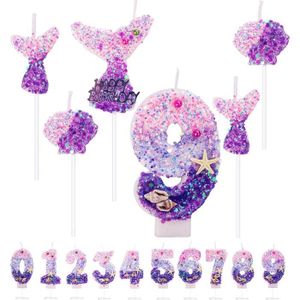 BOUGIE ANNIVERSAIRE Lot de 6 bougies d'anniversaire en forme de sirène - 7,3 cm - Violet - Paillettes - Pour anniversaire, fête à thème sirène.[Q1574]