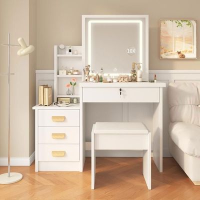 Coiffeuse avec tabouret, 3 miroirs, 3 tiroirs, porte-sèche-cheveux, pot