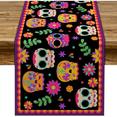 Lot De 4 Sets De Table Jour Des Morts / Halloween - Motif Crânes Et Fleurs Mexicain - Lin Lavable 30x45cm - Décoration Fête, Cinco De Mayo