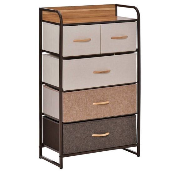 Commode 5 Tiroirs En Tissu - Style Campagnard, Dimensions 29x40x98 Cm - Pour Chambre, Bureau, Couloir - En Panneau De Bois Et Métal
