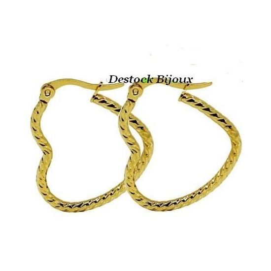 Boucles D'oreilles Créoles / Jonc Ciselé Plaqué Or Jaune 750 - Diamètre 20 Mm - Neuf Avec étiquettes