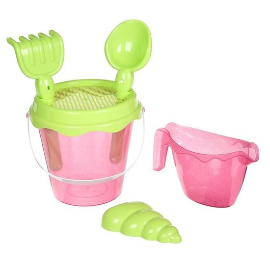 Seau De Plage Château Fort 7 Pièces - Violet Pailleté Avec Tamis, Arrosoir, Pelle, Râteau - Pour Enfants Dès 18 Mois