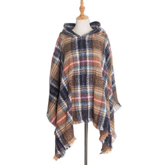 Poncho à Capuche écossais Noir Et Rouge - Couverture Douce En Flanelle, Poches, Bouton, Pour Femme Et Adulte