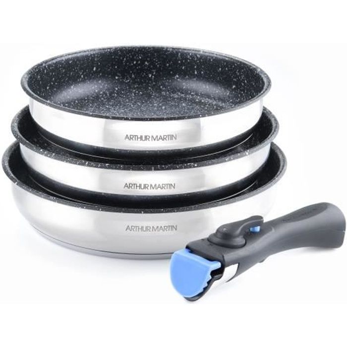 ARTHUR MARTIN 5787 Set de 3 poêles Inox anti adhérent 20-24-26 cm + 1 poignée - Tous feux dont induction