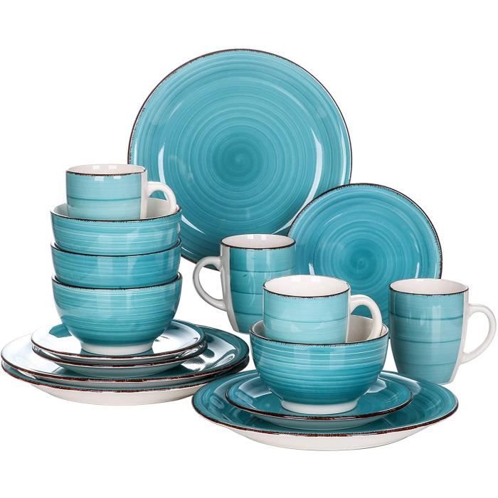 vancasso, Série Bella, Service de Table en Céramique, Assiettes 16 Pièces 4 Personnes, Faïence Style Vintage Rustique- Turquoise