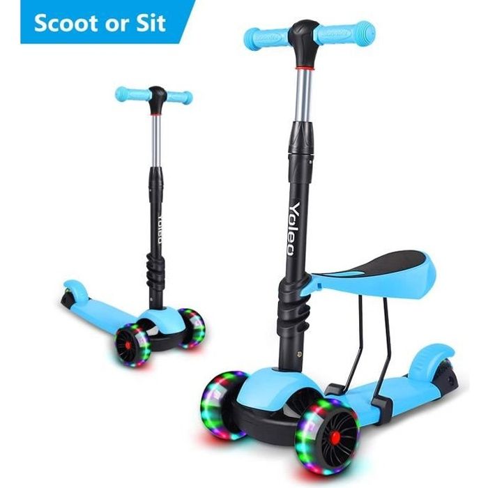 Yoleo 3-en-1 Trottinette Scooter Enfants avec Siège Amovible Roues à LED Hauteur Réglable 65cm à 77cm Cadeau Jouet Enfant de 2-8 Ans