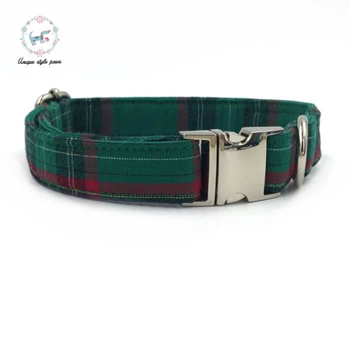 Ensemble collier et laisse de chien avec nœud papillon - Collier de mode vert foncé à carreaux av - Modèle: collar S - HOCWXQA20673