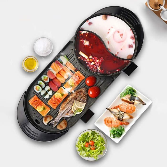 2 en 1 Fondue Electrique Hot Pot BBQ Appareil Fondue, TOPQSC Barbecue électrique portable sans fumée 2 en 1 électrique multifonction