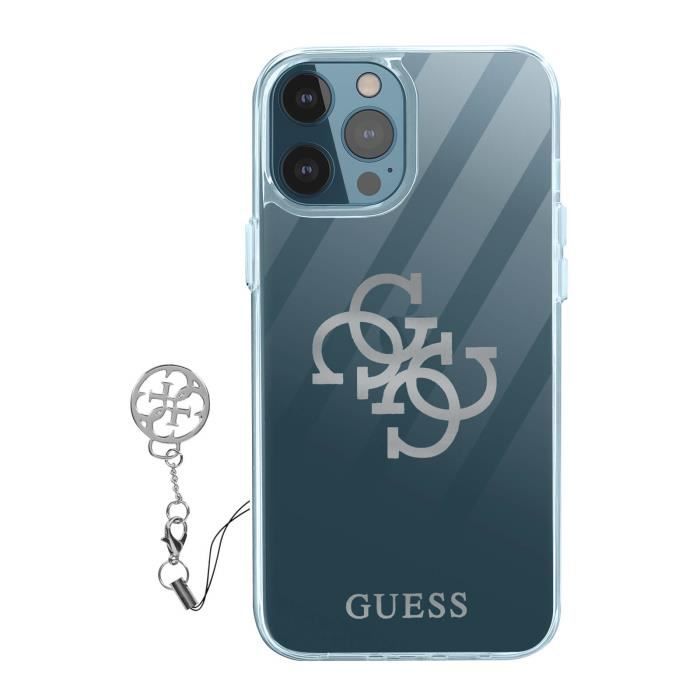 Coque Apple iPhone 12 Pro Max Bi-matière 4G Charms Guess Transparent Logo argent Gris