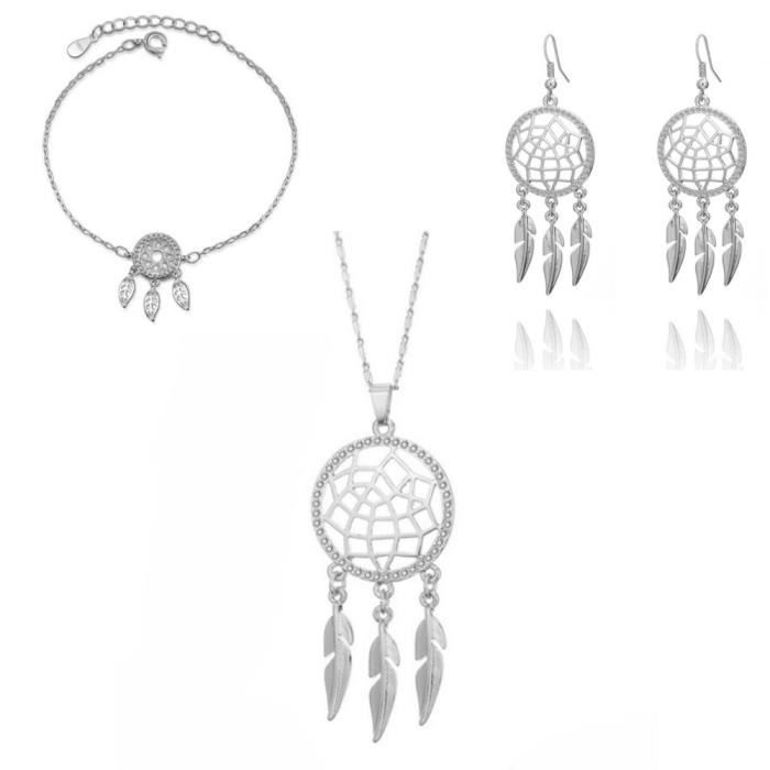 Pack Collier Bracelet Boucles D'oreilles Attrape Rêve Premium - Argenté