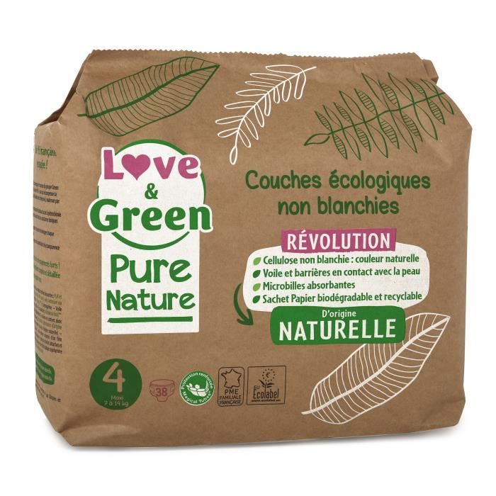 LOVE AND GREEN Couches hypoallergéniques Non blanchies Pure Nature - Certifiées Ecolabel T4 x 38 (7 à 14 kilos)