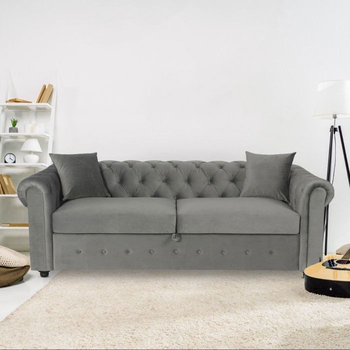 Canapé Chesterfield convertible express avec matelas Domingo Velours Argent