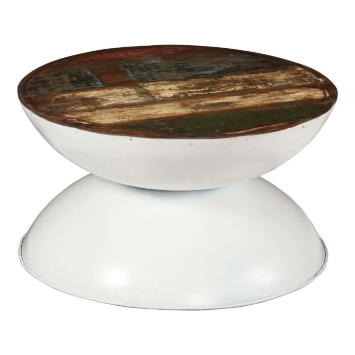 Table basse Bois de récupération massif Base blanche 60x60x33cm