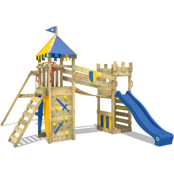 Aire de jeux WICKEY Smart Fort Portique en bois Tour d´escalade avec balançoire, toboggan et bac à sable