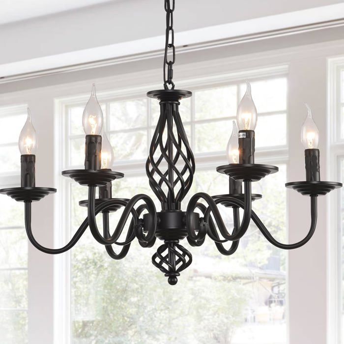 Ganeed Lustre traditionnel pays chandelier en fer forgé réglable en hauteur vintage noir 6 lumières lampe de plafond
