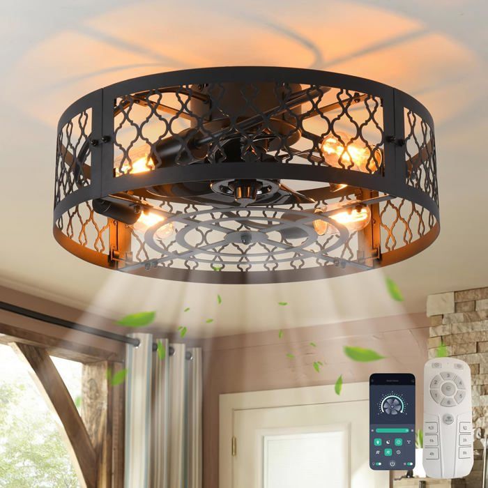 Ganeed ventilateurs de plafond avec lumières ventilateur de plafond de ferme de style industriel 50cm métal cage éclairage E27 - Ganeed