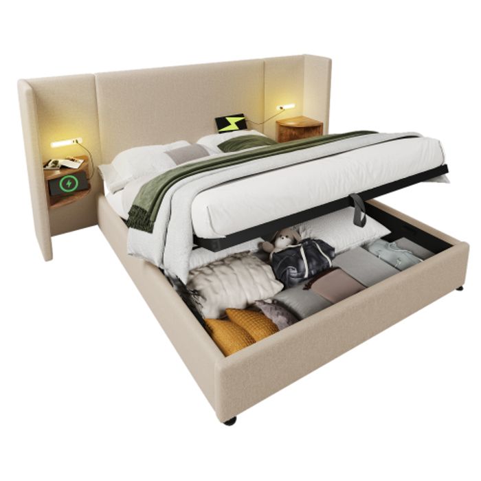 Lit coffre adult double 180x200 cm sommier inclus-lit lin rangement avec table de chevet lampe de table - USB type - C Beige