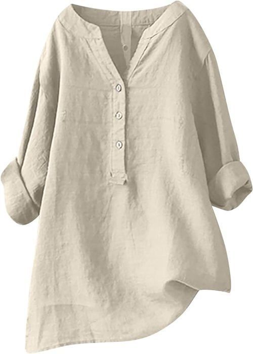 Chemise Femme En Lin Et Coton - Col V, Manches Longues, Boutonnage - Coupe Ample Et Respirante - Taille Grande Disponible - Style Vintage Casual