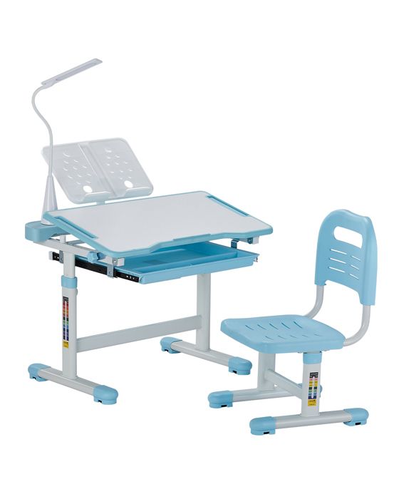 Ensemble Chaise et Bureau pour Enfants-VEVOR-avec Lampe de Table-Hauteur Réglable et Inclinés de 0 à 40°-Bleu
