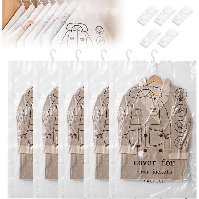 Lot De 5 Sacs Sous Vide Pour Vêtements Suspendus - 110x70 Cm, Crochets, Rangement Gain De Place - 10