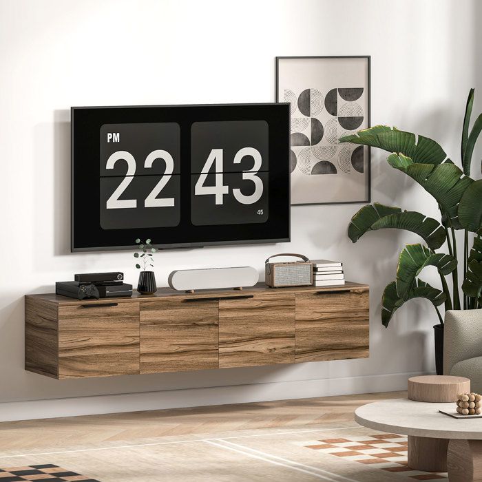 Meuble TV Mural Suspendu HOMCOM 120 Cm - Avec Prises, USB, Type-C - Pour TV Jusqu'à 50" - Effet Bois Naturel - Tiroir Et étagères