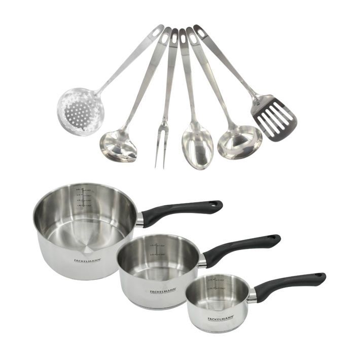 Set 3 casseroles 12 16 et 20 cm en inox et 6 ustensiles inox Fackelmann Geneva Set 3 casseroles 12 16 et 20 cm en inox et 6 ustensiles inox Fackelmann Geneva