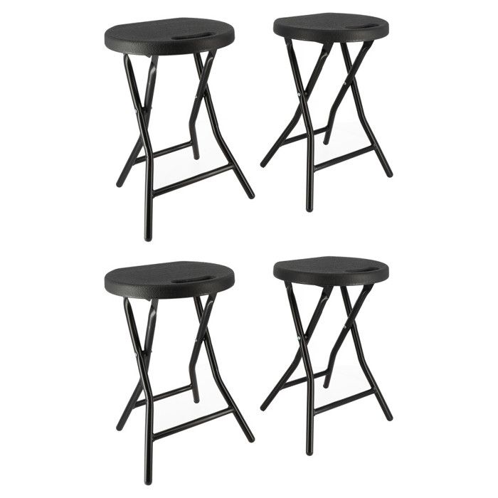 Tabourets pliants x4 - Ht 46cm - Tabouret pliable de Jardin Terrasse Balcon - Noir - Siège résine Structure Acier - Poignée