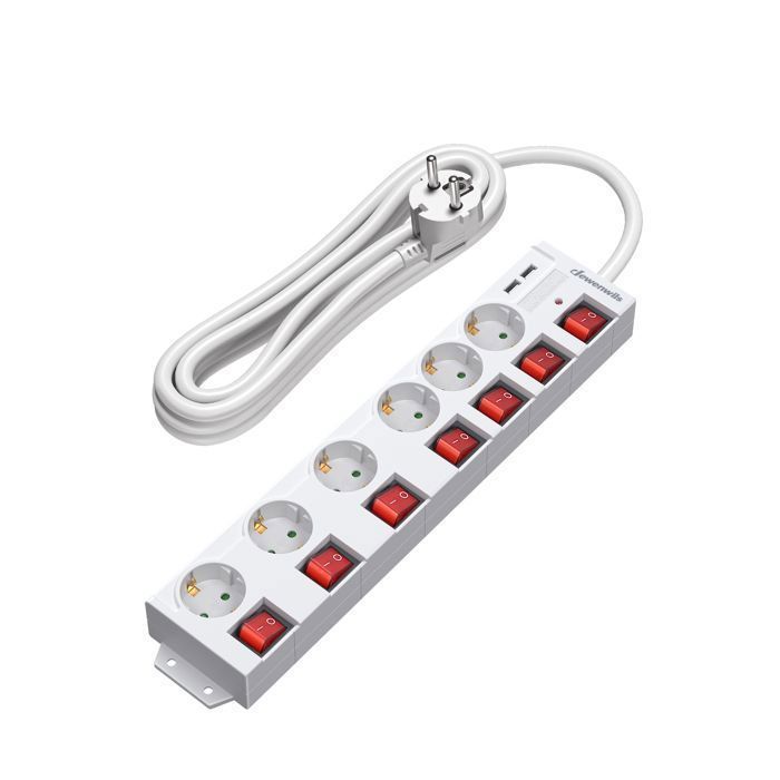 DEWENWILS Multiprise 6 prises + 2 USB + 7 interrupteurs 5m blanc 16A 230V 3680W