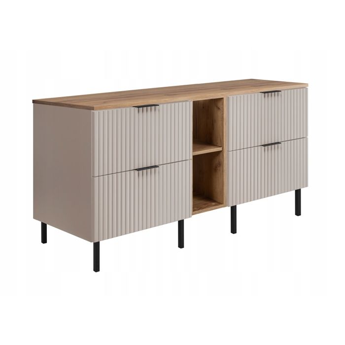 Meuble sous Lavabo sur pieds 2x60 cm FLOW - Façades rainurées - avec plan de travail et étagère - Cachemire / Chêne