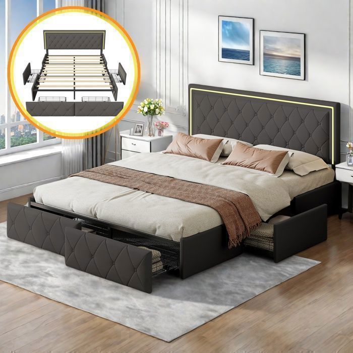 Lit capitonné 140x200cm - RAVAS - Tête de lit avec LED - Lit double avec 4 tiroirs - Lit rembourré avec sommier à lattes - PU - Gris