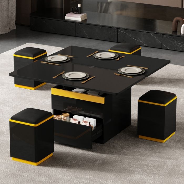 Table Basse Relevable Moderne Noire Brillante Table dappoint élégante Multifonctionnelle avec 4 Chaises Cachées Moelleuses