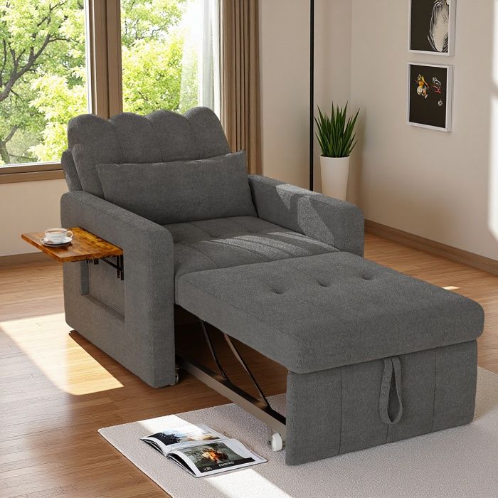 Canapé-lit 3 en 1 Convertible 1 Place Fauteuil-lit avec Fonction Lit Fauteuil-lit Réglable avec Coussin et Sac Gris Chenille